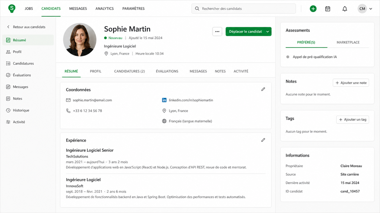 Fiche candidat SmartRecruiters — l'évaluation "Appel de pré-qualification IA" avec le point de statut gris, en attente de réponse du candidat