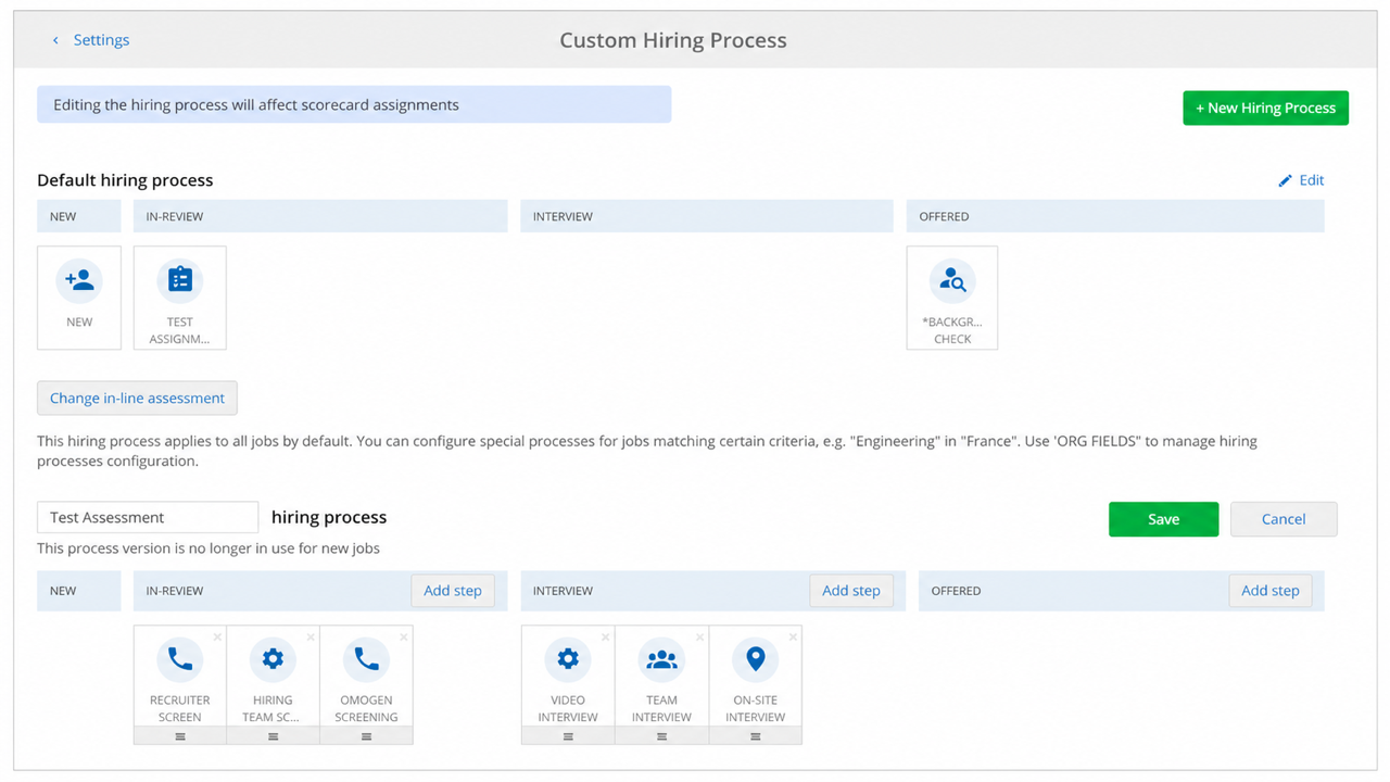 Hiring Process SmartRecruiters — l'étape "Omogen Screening" ajoutée à la colonne In-review du pipeline