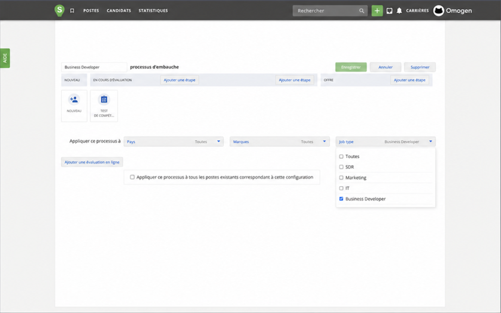 Configuration du processus d'embauche — sélection des types de poste auxquels appliquer l'étape Omogen