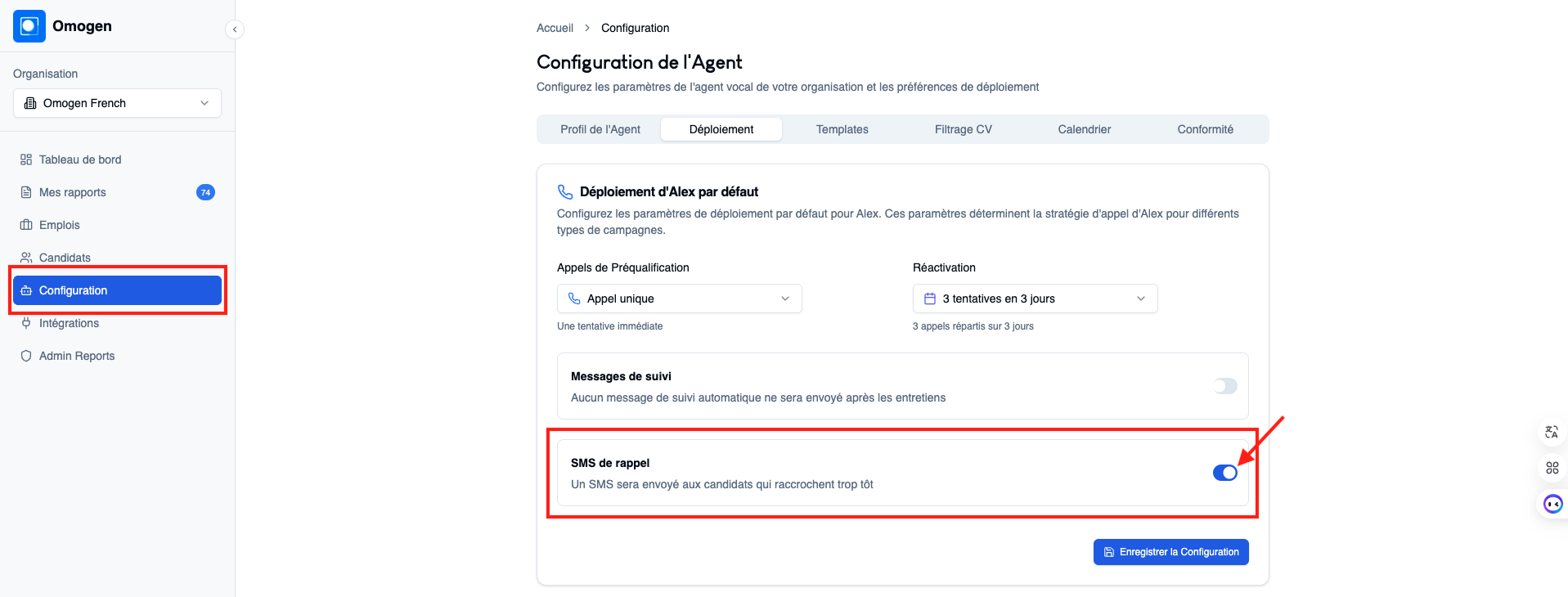 Activation du SMS de rappel dans l'onglet Agent