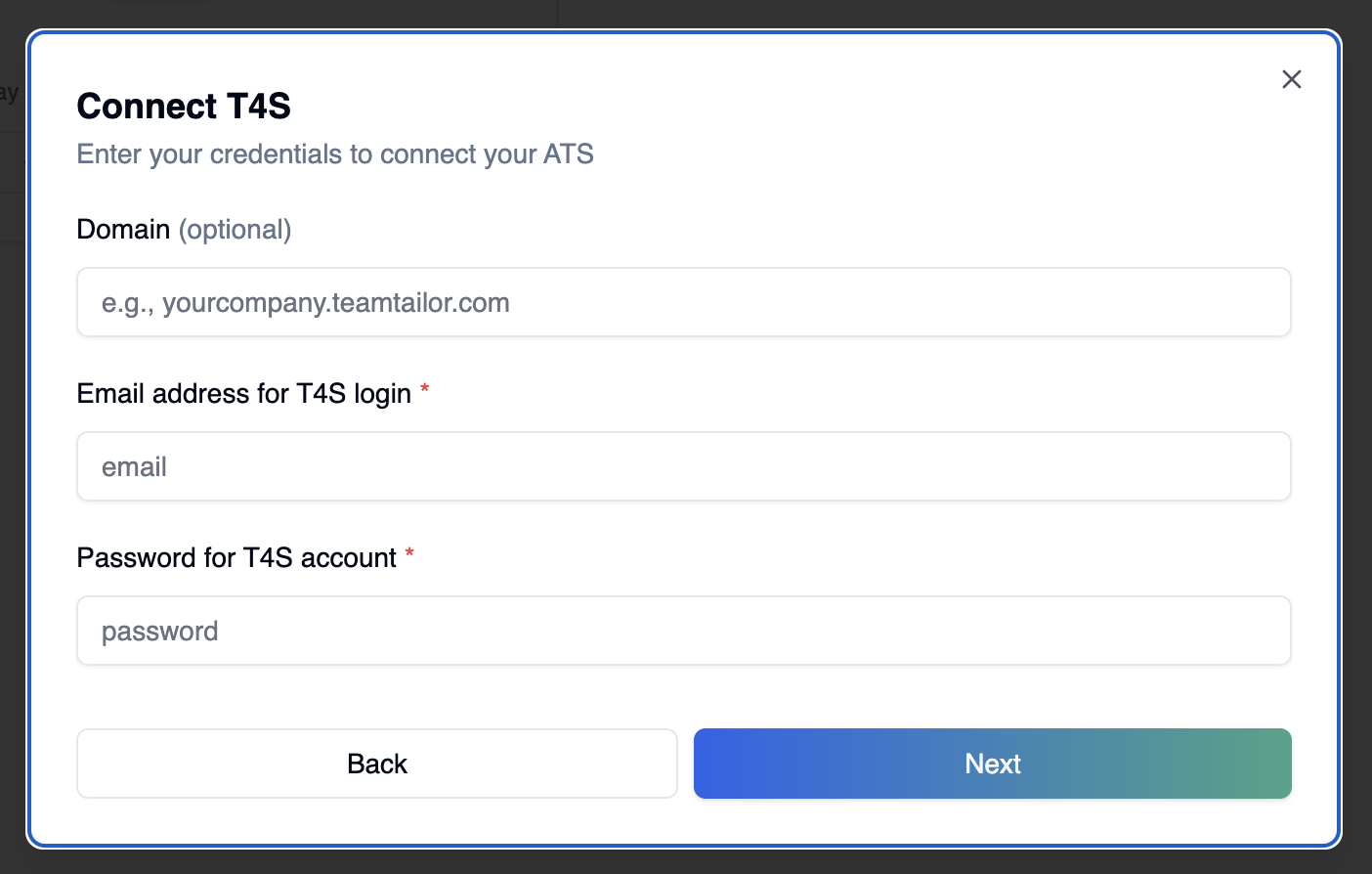 Création de l'intégration T4S côté Omogen — modal Connect T4S avec domaine, email API et mot de passe
