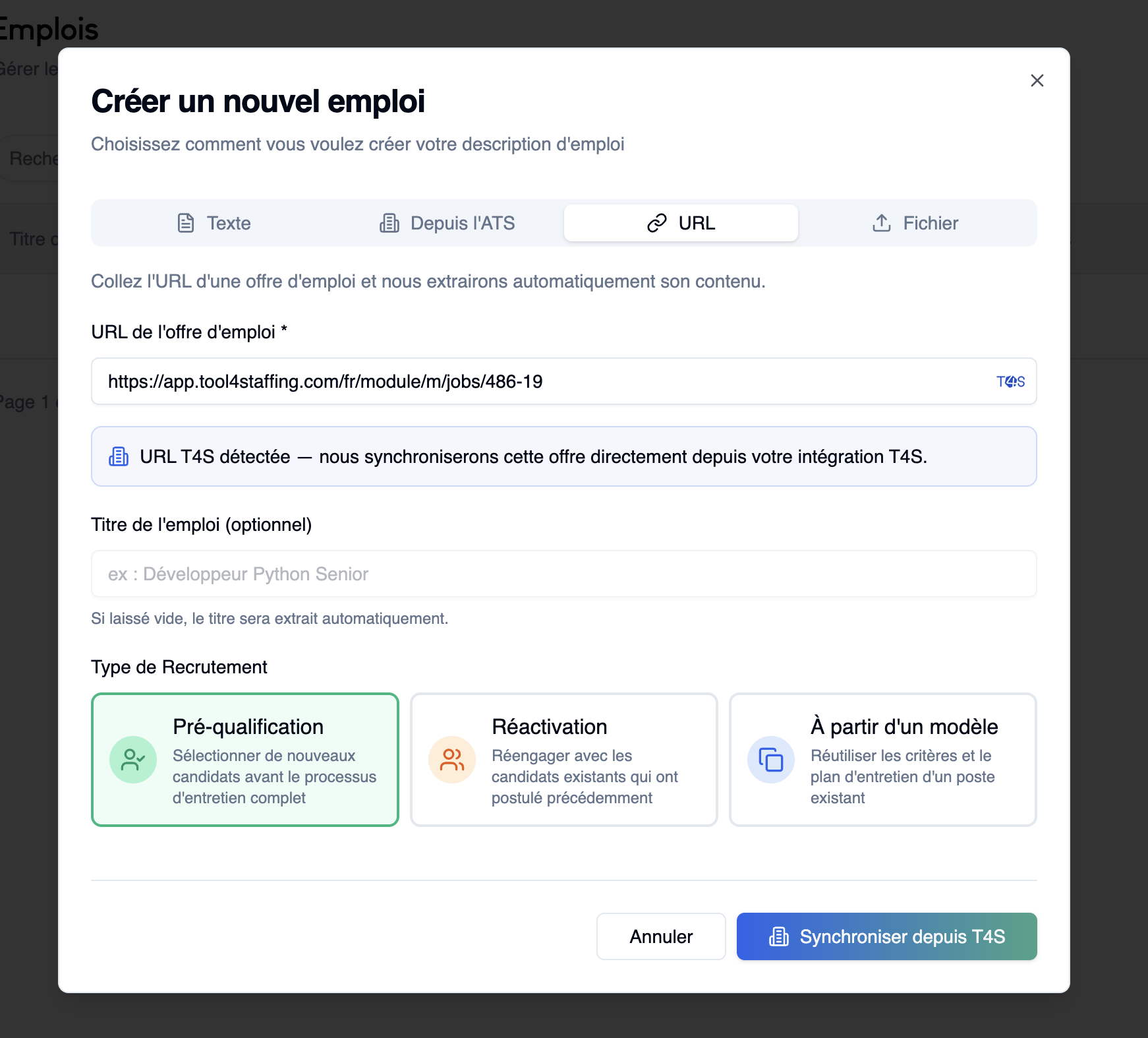Modal Omogen "Créer un nouvel emploi" — onglet URL avec une URL T4S collée et le badge "URL T4S détectée"