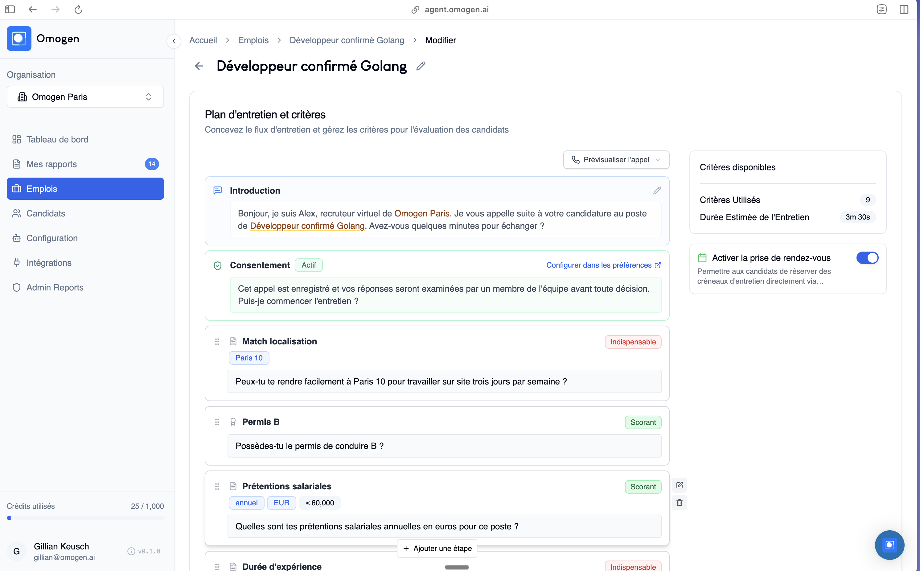 Vue Omogen "Modifier l'entretien" — plan d'entretien et critères pour une mission T4S synchronisée, avec questions, type (indispensable/scorant) et durée estimée