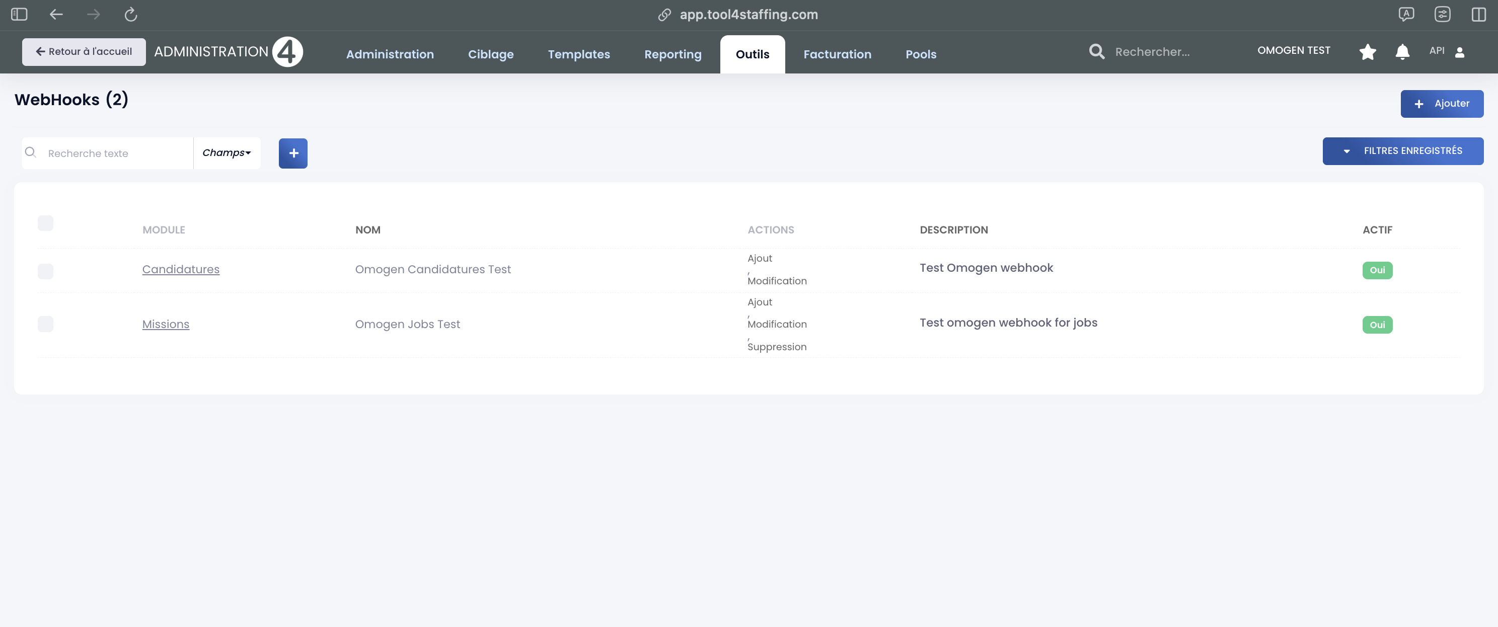 Vue admin T4S — webhooks Omogen configurés (Candidatures + Missions)