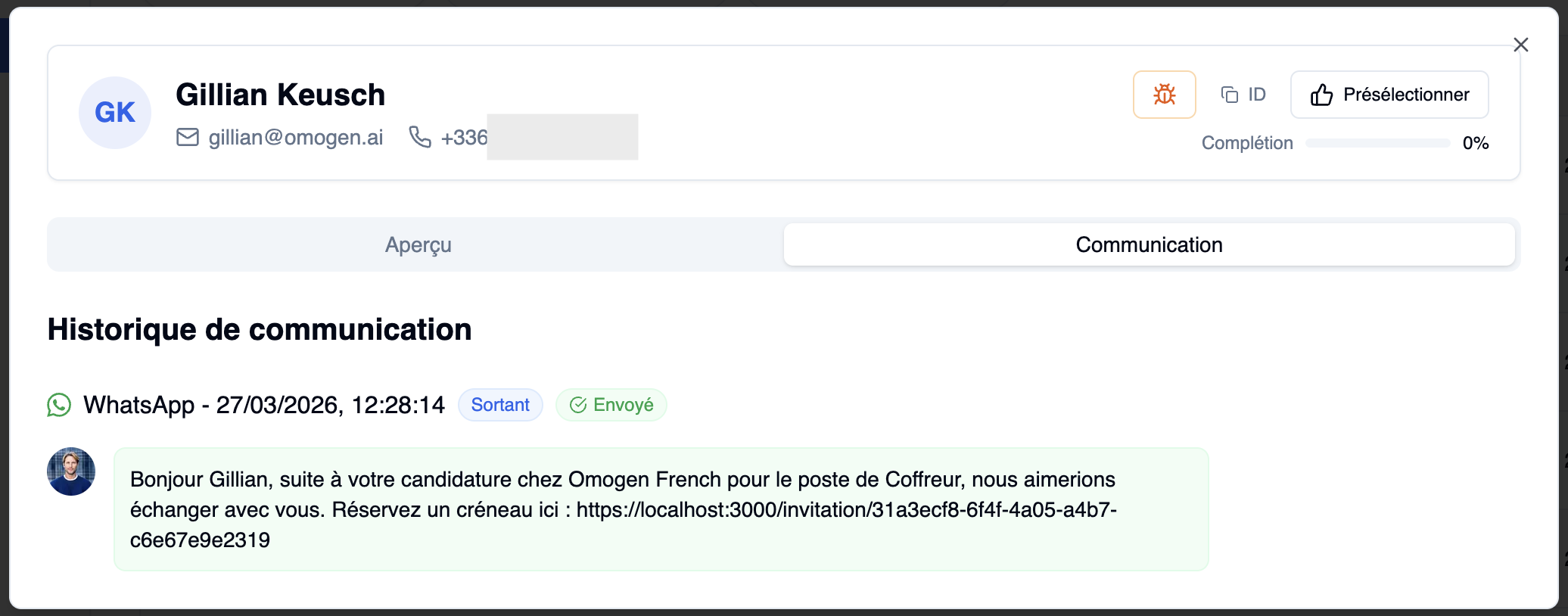 Historique de communication avec un message WhatsApp