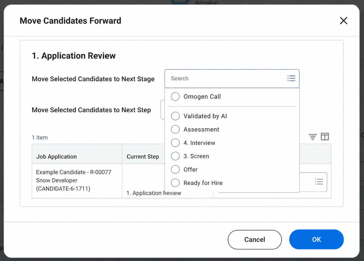 Invitation d'un candidat à l'évaluation Omogen dans Workday
