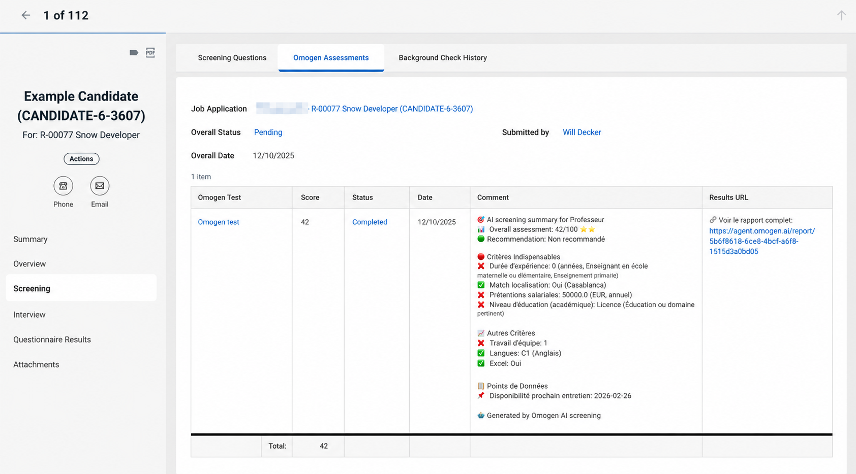 Candidat non recommandé dans Workday