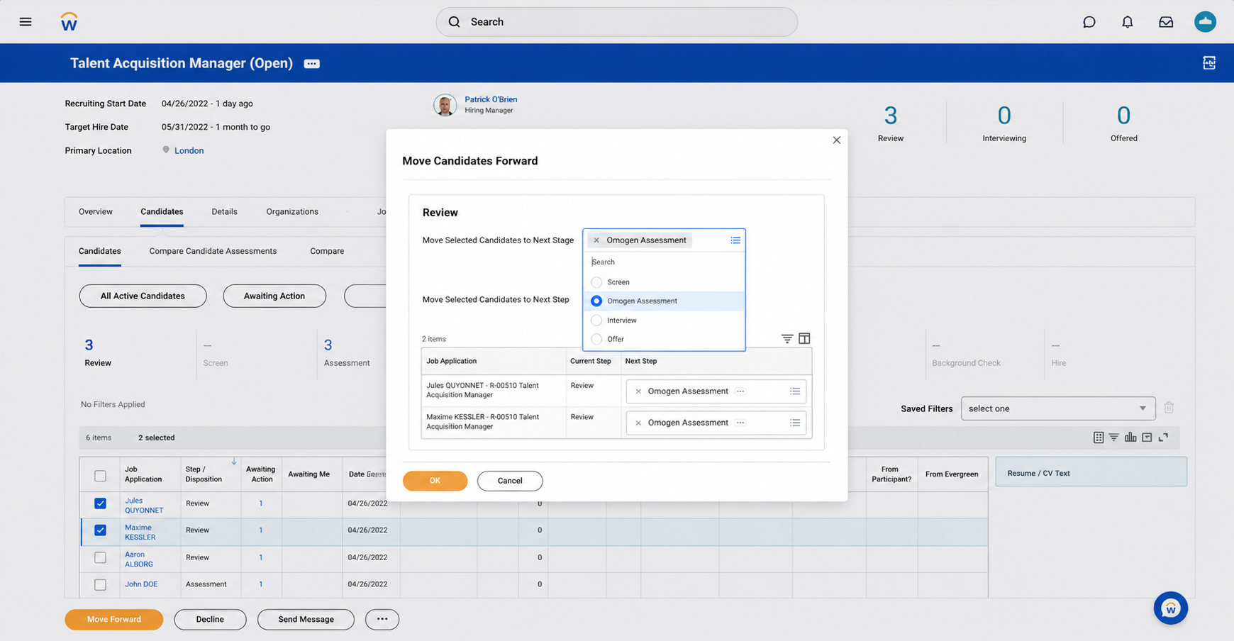 Pipeline de recrutement Workday avec l'étape Assessment