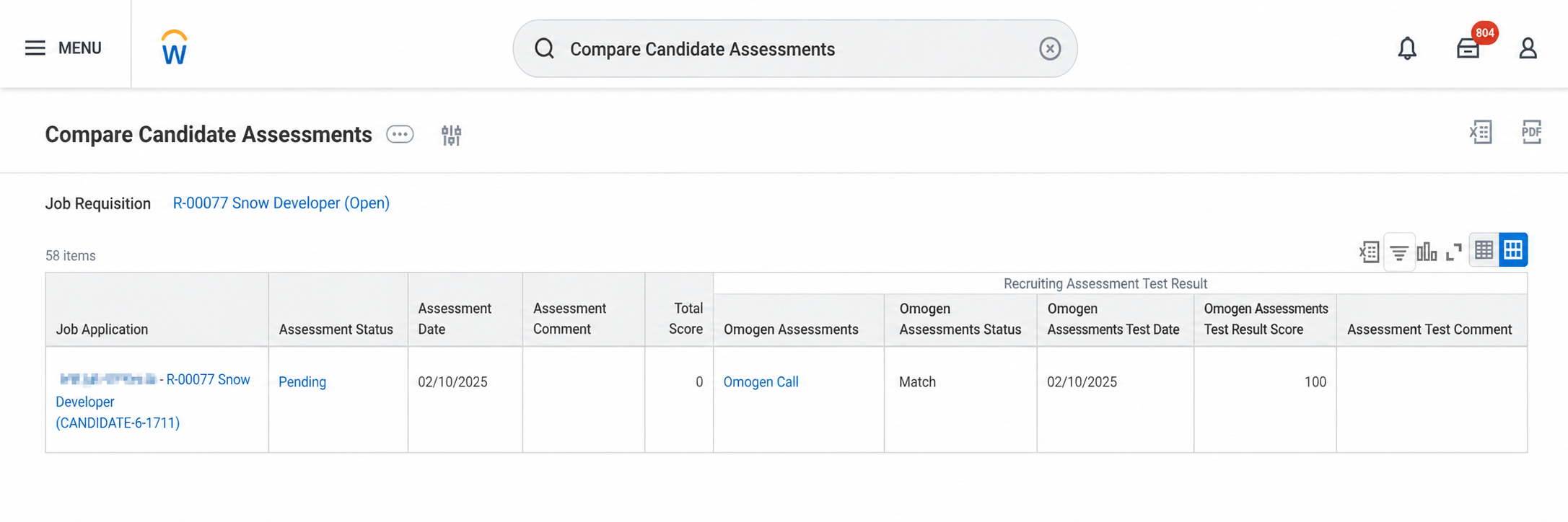 Onglet Screening avec les résultats Omogen dans Workday